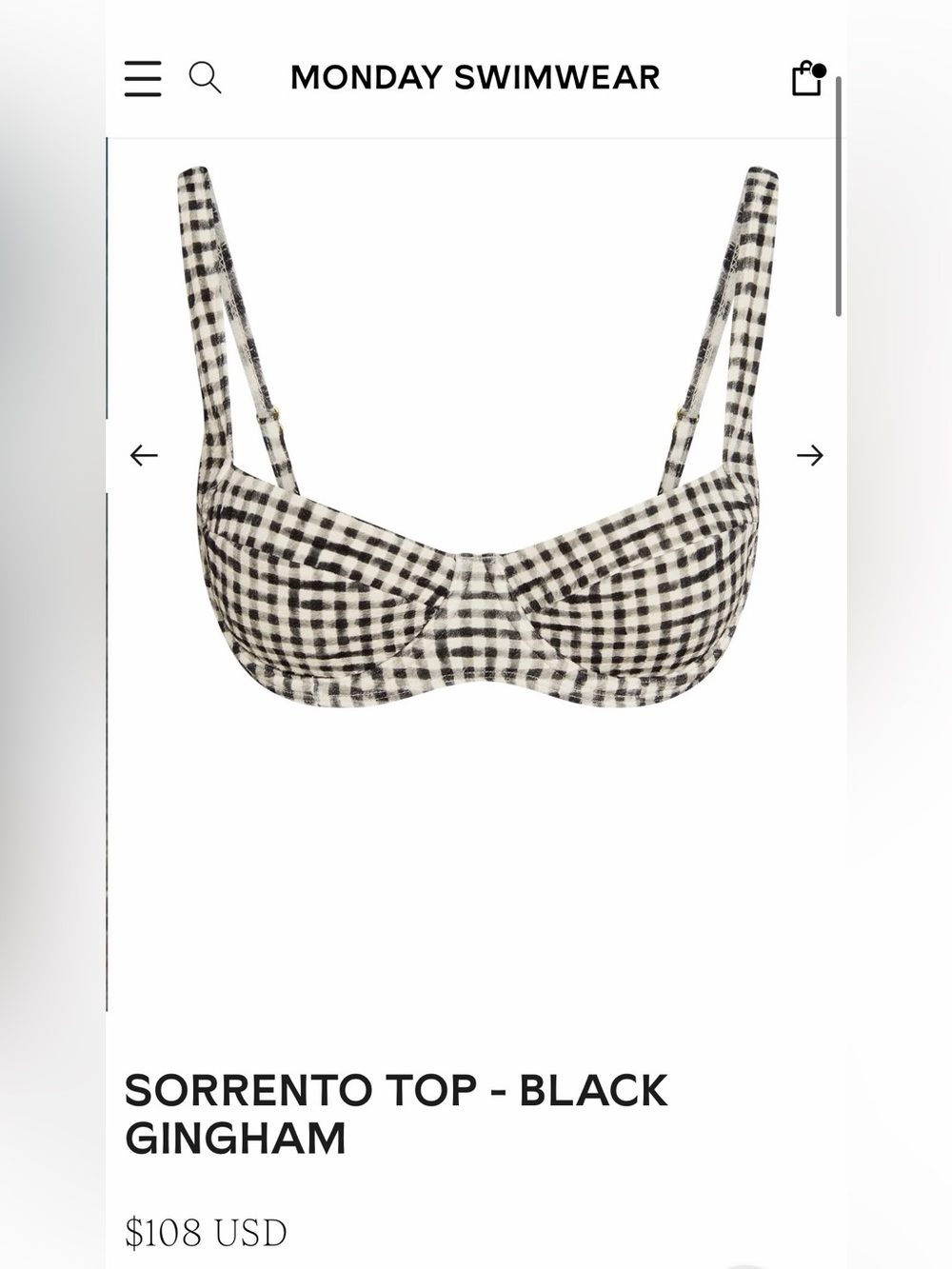 Monday swimwear Sorrento top – black gingham